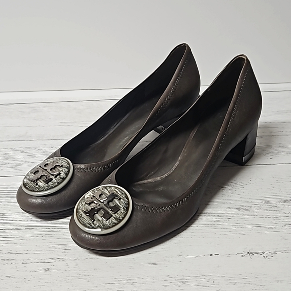 Tory Burch Reva Miller blocked heeled leather pumps in browm women's size 6.5